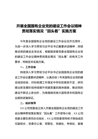 国企党的建设工作会议精神贯彻落实情况回头看实施方案