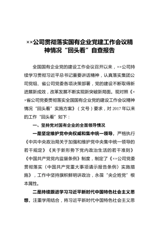 ××公司贯彻落实国有企业党建工作会议精神情况“回头看”自查报告
