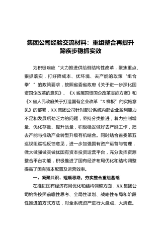 集团公司经验交流材料：重组整合再提升蹄疾步稳抓实效