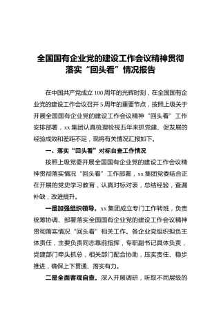 全国国有企业党的建设工作会议精神贯彻落实“回头看”情况报告