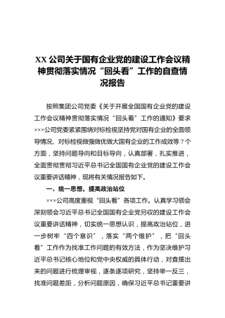XX公司关于国有企业党的建设工作会议精神贯彻落实情况“回头看”工作的自查情况报告