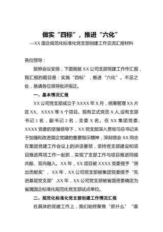 XX国企规范化标准化党支部创建工作交流汇报材料