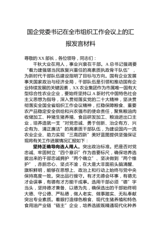 国企党委书记在全市组织工作会议上的汇报发言材料