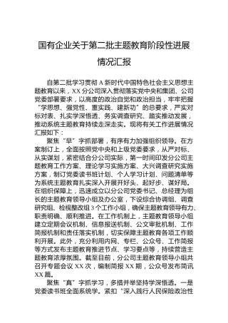 国有企业关于第二批主题教育阶段性进展情况汇报