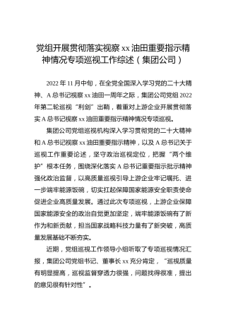 党组开展贯彻落实视察xx油田重要指示精神情况专项巡视工作综述（集团公司）