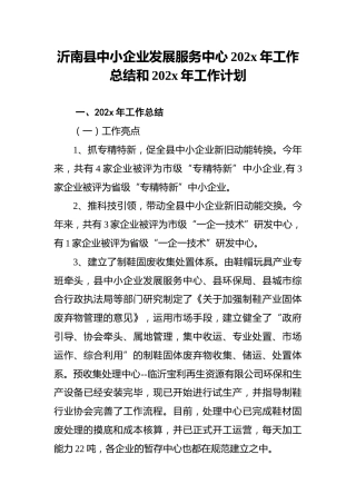 沂南县中小企业发展服务中心202x年工作总结和202x年工作计划