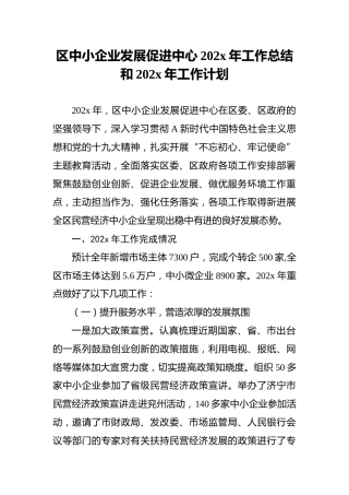 区中小企业发展促进中心202x年工作总结和202x年工作计划
