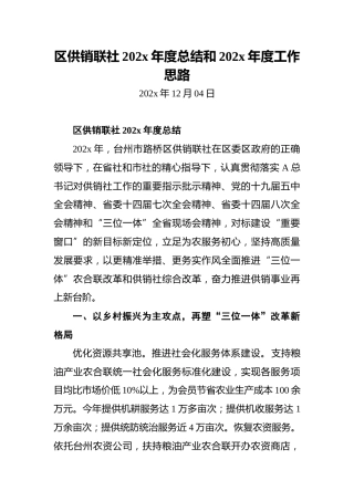 区供销联社202x年度总结和202x年度工作思路