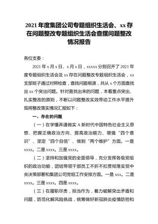 2021年集团公司专题组织生活会查摆问题整改情况报告