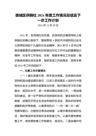 谯城区供销社202x年度工作情况总结及下一步工作计划