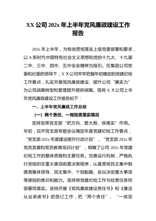 XX公司202x年上半年党风廉政建设工作报告