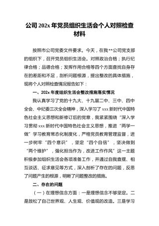 公司202x年党员组织生活会个人对照检查材料