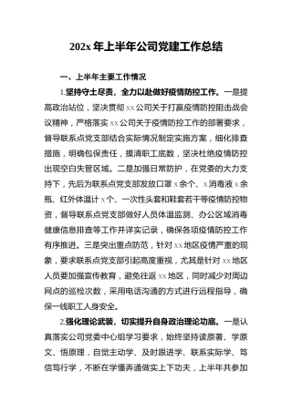 202x年上半年公司党建工作总结