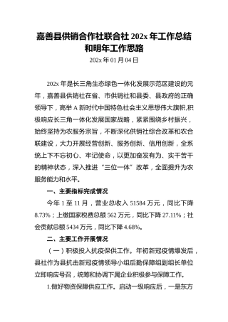 嘉善县供销合作社联合社202x年工作总结和明年工作思路