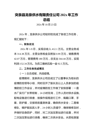 突泉县龙泉供水有限责任公司202x年工作总结