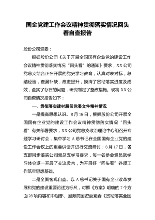 国企党建工作会议精神贯彻落实情况回头看自查报告 (2)