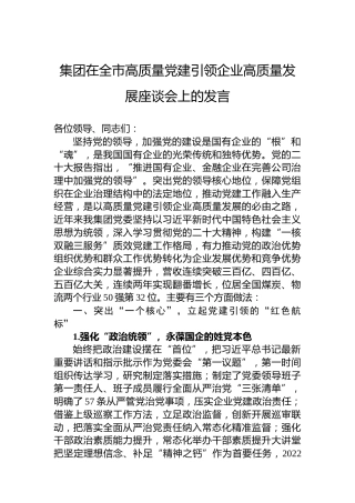 集团在全市高质量党建引领企业高质量发展座谈会上的发言