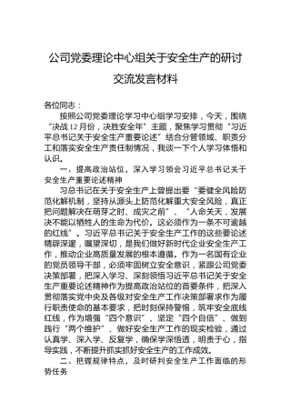 公司党委理论中心组关于安全生产的研讨交流发言材料