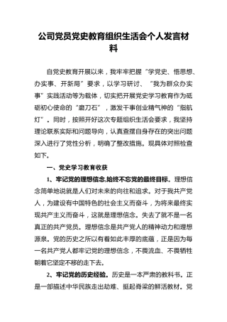 公司党员党史教育组织生活会个人发言材料