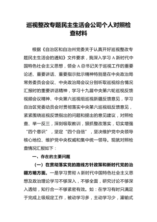 巡视整改专题民主生活会公司个人对照检查材料