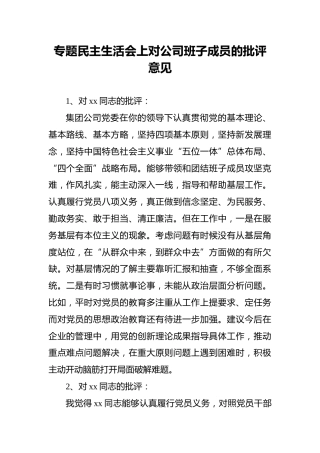 专题民主生活会上对公司班子成员的批评意见