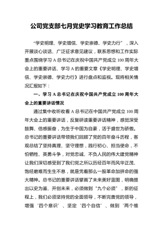 公司党支部党史学习教育工作总结