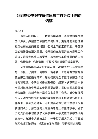 公司党委书记在宣传思想工作会议上的讲话稿