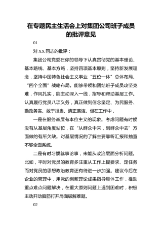 在专题民主生活会上对集团公司班子成员的批评意见