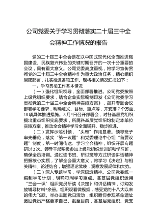 公司党委关于学习贯彻落实二十届三中全会精神工作情况的报告