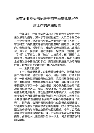 国有企业党委书记关于2024年前三季度抓基层党建工作的述职报告