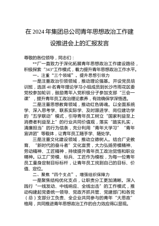 在2024年集团总公司青年思想政治工作建设推进会上的汇报发言