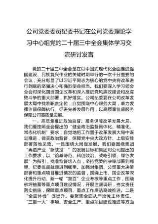 公司党委委员纪委书记在公司党委理论学习中心组党的二十届三中全会集体学习交流研讨发言