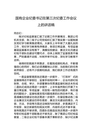 国有企业纪委书记在第三次纪委工作会议上的讲话稿