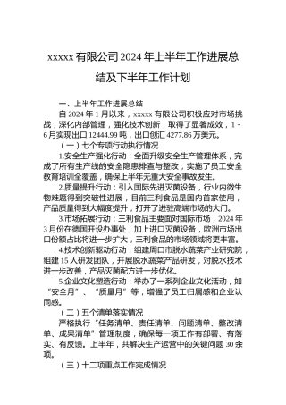 xxxxx有限公司2024年上半年工作进展总结及下半年工作计划