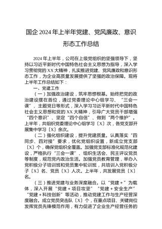 国企2024年上半年党建、党风廉政、意识形态工作总结
