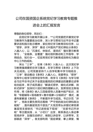 公司在国资国企系统党纪学习教育专题推进会上的汇报发言