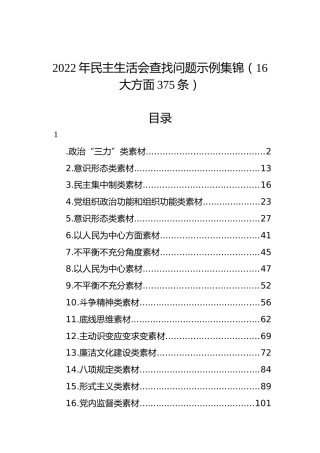 2022年民主生活会查找问题示例集锦（16大方面375条）