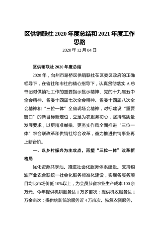 区供销联社2020年度总结和2021年度工作思路