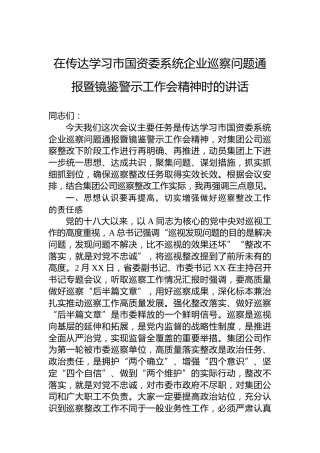 2023年在传达学习市国资委系统企业巡察问题通报暨镜鉴警示工作会精神时的讲话