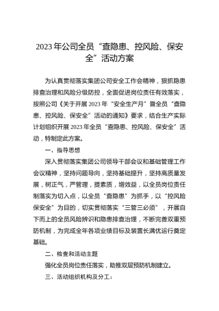 2023年公司全员“查隐患、控风险、保安全”活动方案