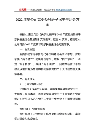 2022年度公司党委领导班子民主生活会方案
