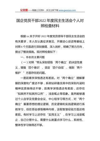 国企党员干部2022年度民主生活会个人对照检查材料