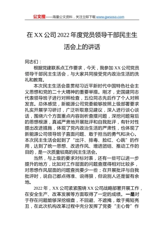 在XX公司2022年度党员领导干部民主生活会上的讲话