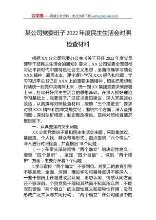 某公司党委班子2022年度民主生活会对照检查材料