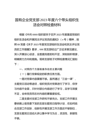 国有企业党支部2023年度六个带头组织生活会对照检查材料
