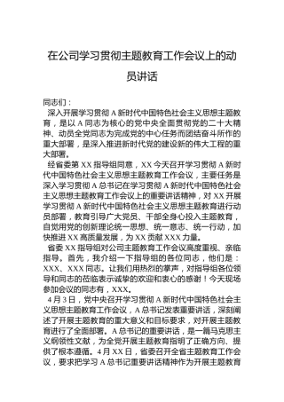 2023年在公司学习贯彻主题教育工作会议上的动员讲话