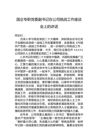 国企专职党委副书记在2023年公司统战工作座谈会上的讲话