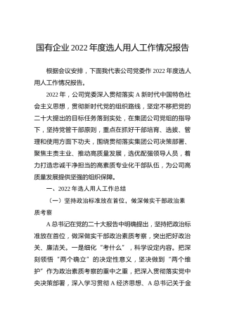 国有企业2022年度选人用人工作情况报告