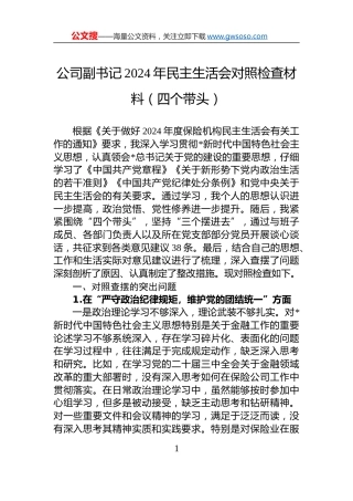 公司副书记2024年民主生活会对照检查材料（四个带头）