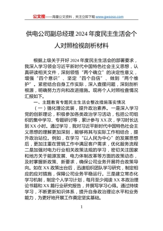供电公司副总经理2024年度民主生活会个人对照检视剖析材料